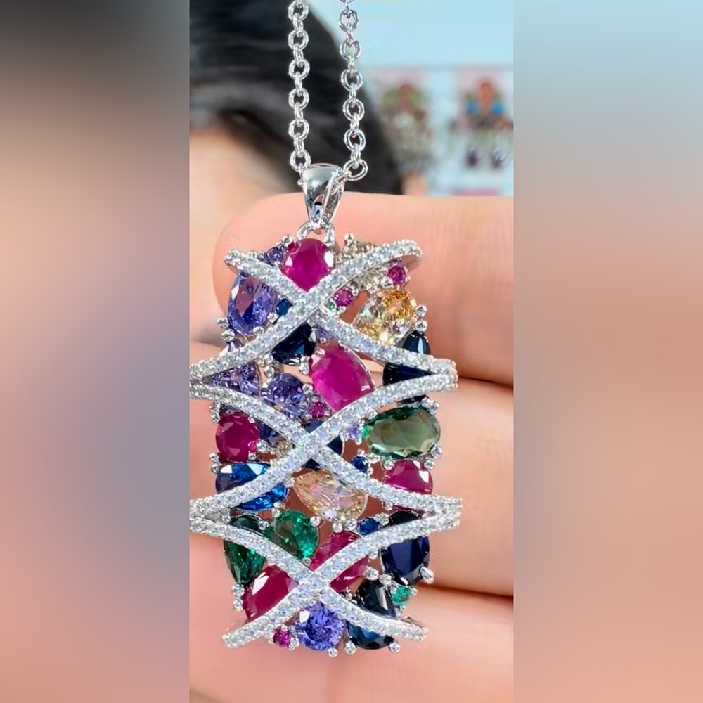 Solitaire Multicolor Gemstone Luxury Pendant Neck… - image 3